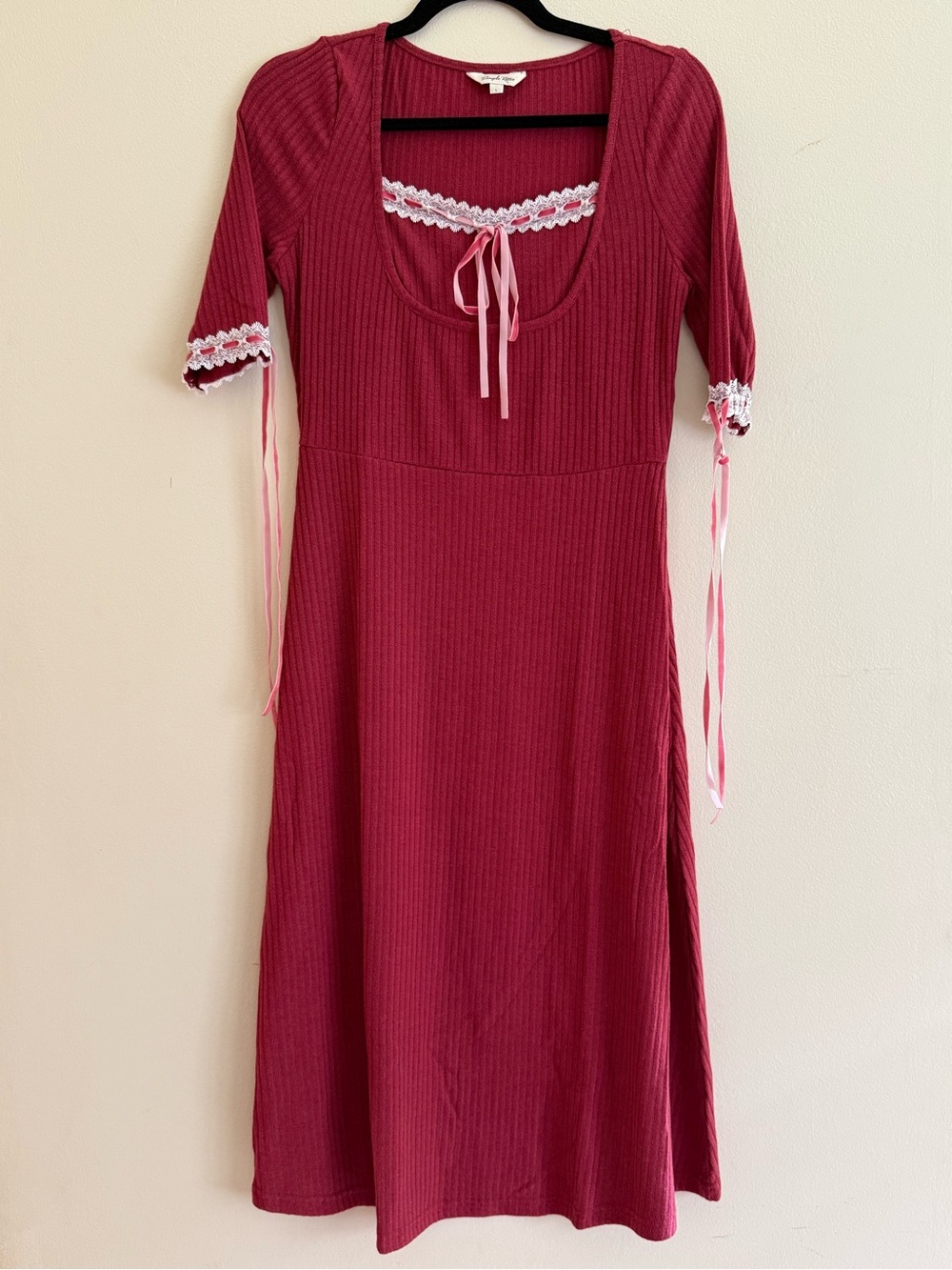 Simple Retro | Eleanora Midi Knit Dress Ribbon and Lace Maroon Romantic | Size L